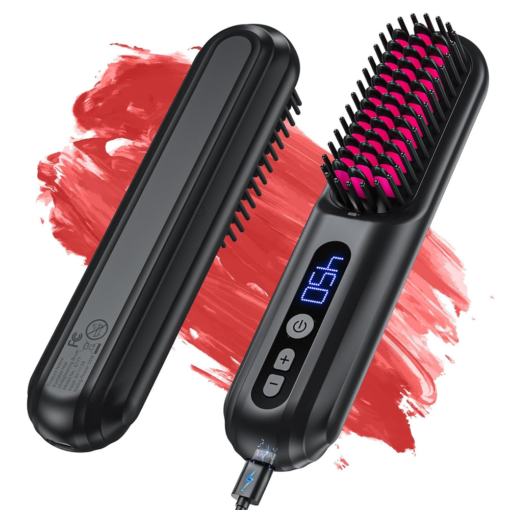 Cordless Hair Straightener Brush, Portable Negative Ion Hot Comb 45Mins Long Bat